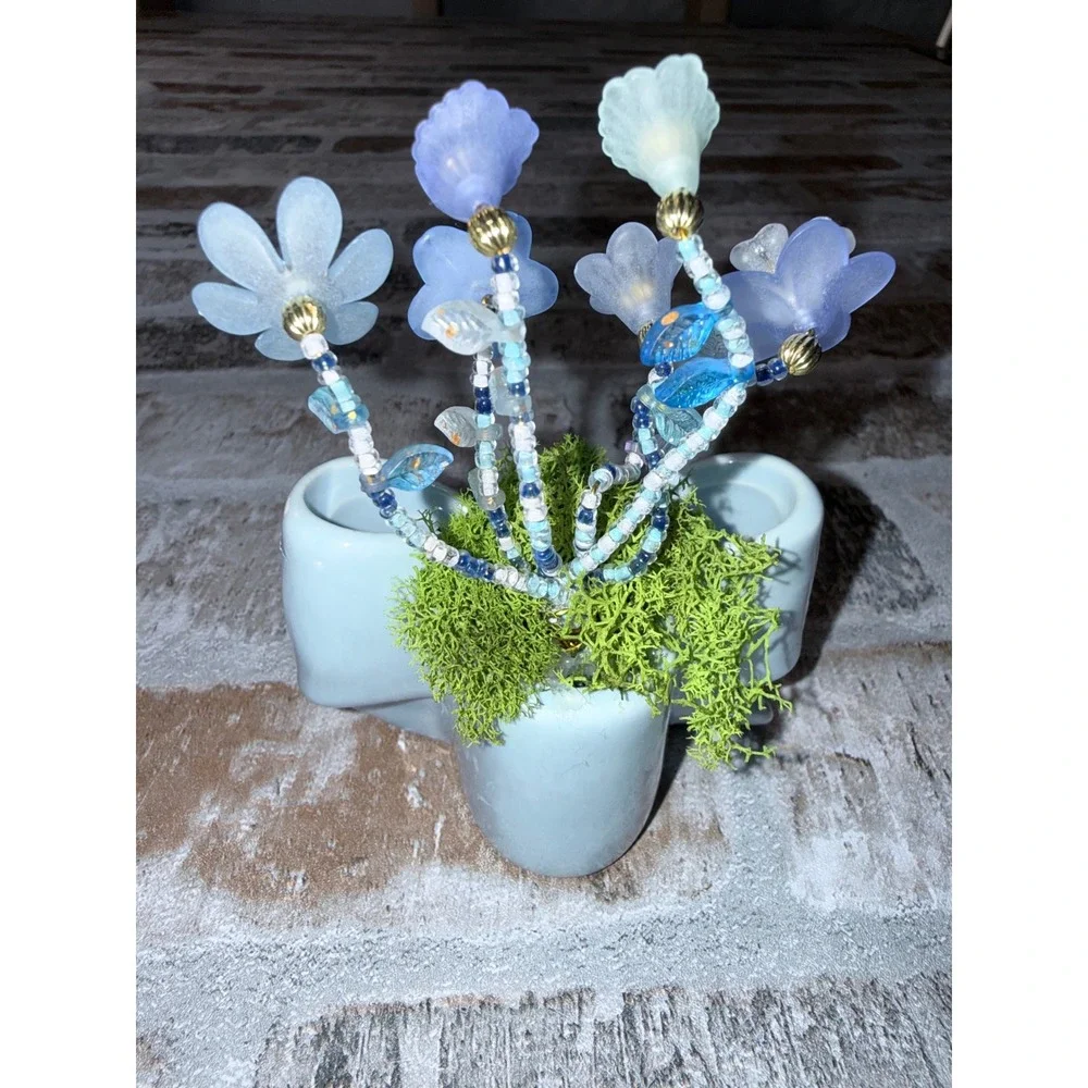 Vintage Blue Ceramic Bow Vase with Beaded Glass Flowers Miniature Arrangement